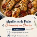 Un plat d'aiguillettes de poulet crémeuses au chorizo sur une table dressée.