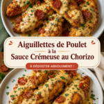 Plat d'aiguillettes de poulet à la sauce crémeuse au chorizo, présenté avec des légumes.
