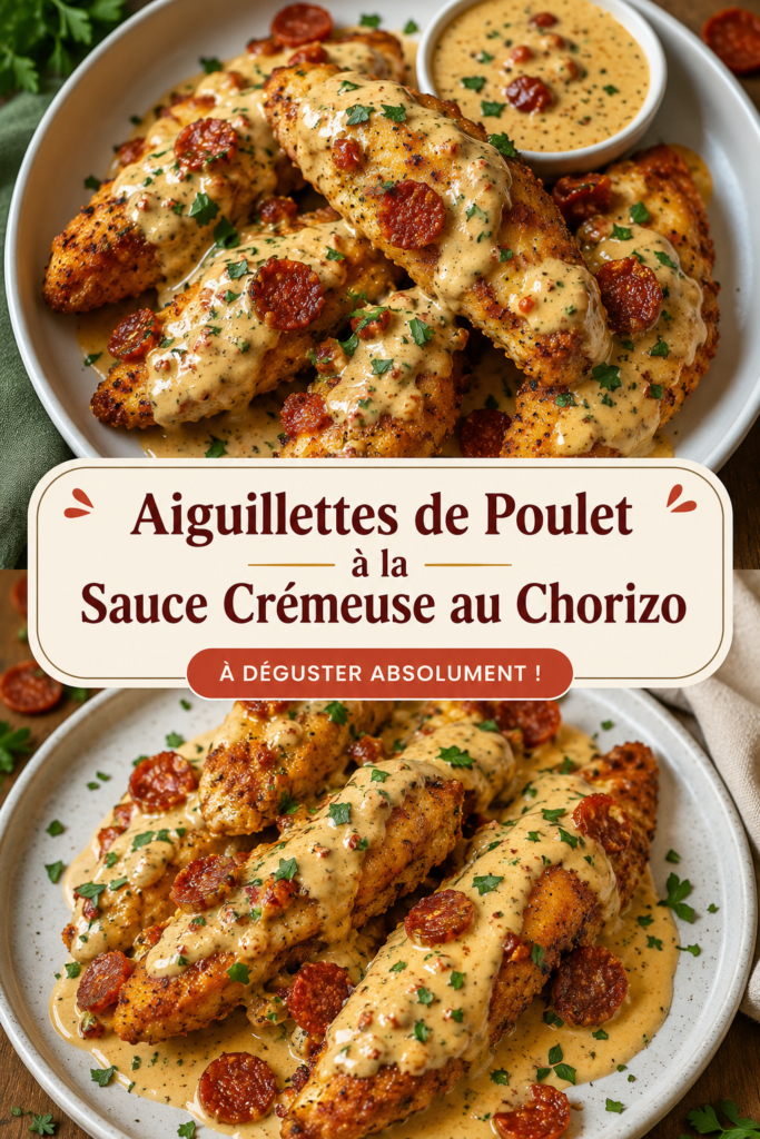 Plat d'aiguillettes de poulet à la sauce crémeuse au chorizo, présenté avec des légumes.