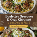 Un plat de boulettes grecques dorées servies avec de l'orzo citronné et une crème de feta onctueuse.