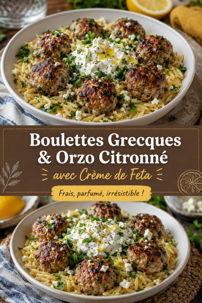 Un plat de boulettes grecques dorées servies avec de l'orzo citronné et une crème de feta onctueuse.