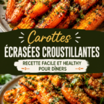 Plat de carottes écrasées croustillantes assaisonnées, sur une table chaleureuse.