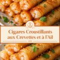 Cigares croustillants aux crevettes et à l'ail présentés sur une assiette élégante.