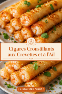 Cigares croustillants aux crevettes et à l'ail présentés sur une assiette élégante.
