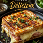 Un délicieux Croque-Monsieur au four doré et croustillant sur une assiette.