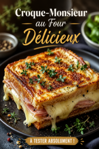 Un délicieux Croque-Monsieur au four doré et croustillant sur une assiette.