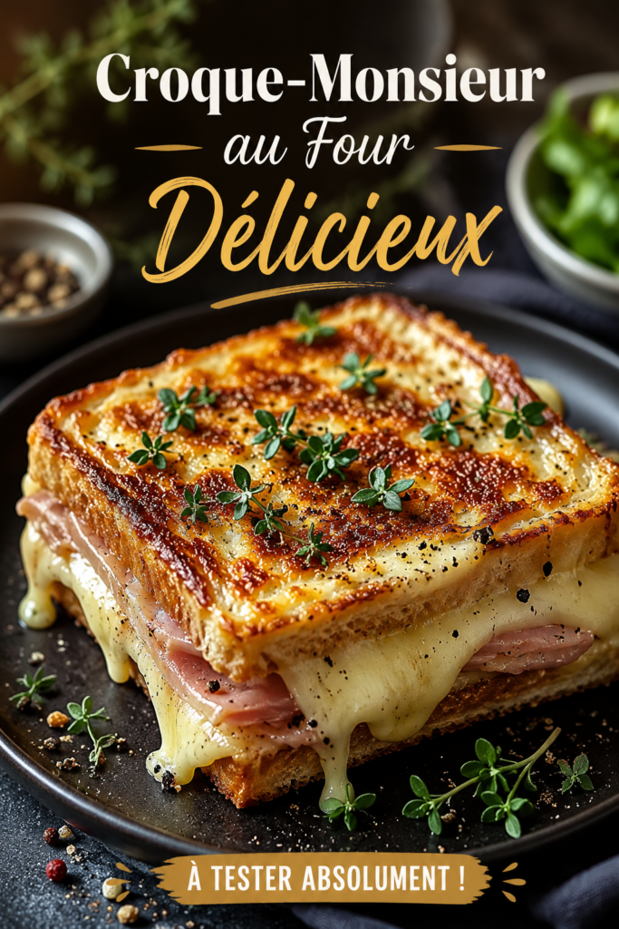 Un délicieux Croque-Monsieur au four doré et croustillant sur une assiette.