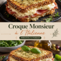Un croque monsieur à l'italienne, garni de mozzarella et de pesto sur une assiette.