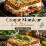 Un croque monsieur à l'italienne, garni de mozzarella et de pesto sur une assiette.