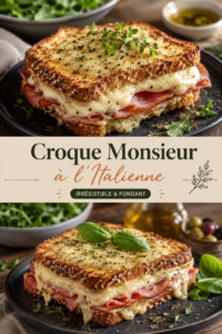 Un croque monsieur à l'italienne, garni de mozzarella et de pesto sur une assiette.
