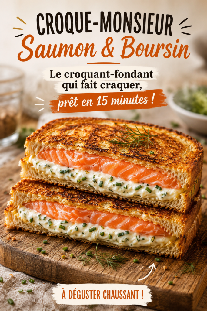 Un croque-monsieur au saumon et Boursin, prêt à déguster, bien doré et croustillant sur un plateau.