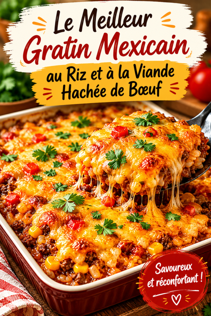 Un gratin mexicain au riz et viande hachée doré et appétissant