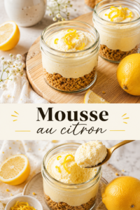 Mousse au citron légère garnie de zestes de citron sur une table en bois