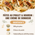 Pâtes au poulet crémeuses avec Boursin servies dans un plat chaleureux.