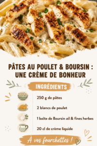 Pâtes au poulet crémeuses avec Boursin servies dans un plat chaleureux.