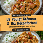 Une assiette de poulet crémeux servi avec du riz réconfortant, décorée de persil frais.