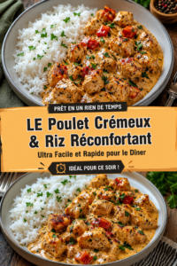 Une assiette de poulet crémeux servi avec du riz réconfortant, décorée de persil frais.