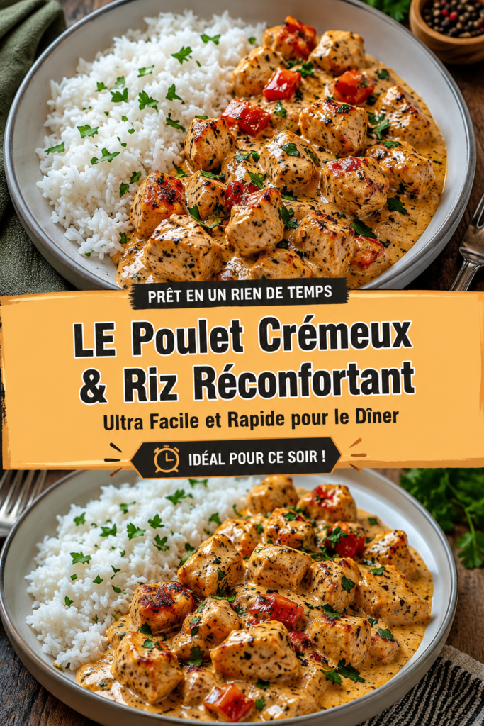 Une assiette de poulet crémeux servi avec du riz réconfortant, décorée de persil frais.