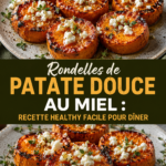 Rondelles de patate douce au miel sur une assiette, prêtes à être dégustées.