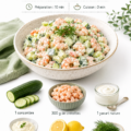 Salade crémeuse de concombre et crevettes joliment présentée dans un bol d'été