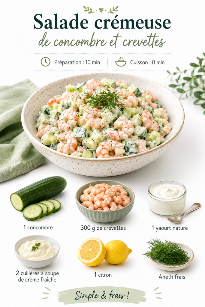 Salade crémeuse de concombre et crevettes joliment présentée dans un bol d'été