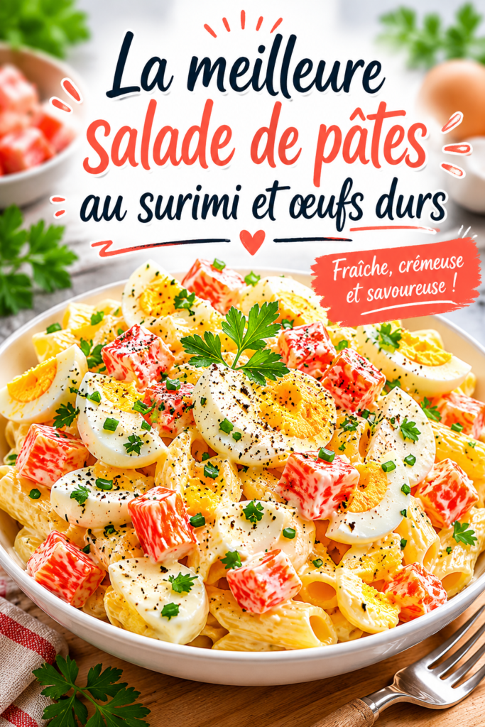 Salade de pâtes au surimi garnie d'œufs durs et légumes frais