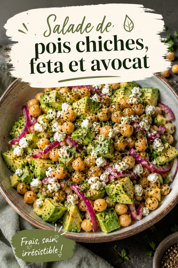 Salade de pois chiches avec feta et avocat sur une table en bois