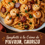 Spaghetti crémeux aux poivrons, chorizo et crevettes dans un plat rustique