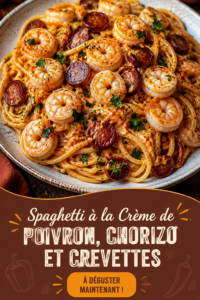 Spaghetti crémeux aux poivrons, chorizo et crevettes dans un plat rustique
