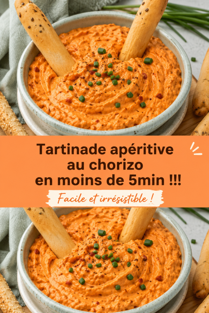 Tartinade apéritive au chorizo servie avec des tranches de pain sur une table élégante.