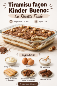 Tiramisu façon Kinder Bueno décoré avec des éclats de chocolat