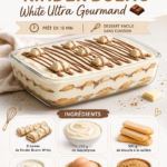 Tiramisu Kinder Bueno white savoureux dans son plat, décoré de morceaux de chocolat.