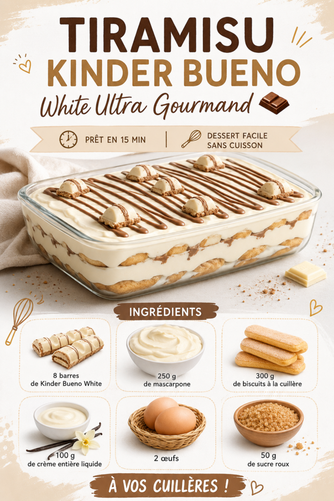 Tiramisu Kinder Bueno white savoureux dans son plat, décoré de morceaux de chocolat.