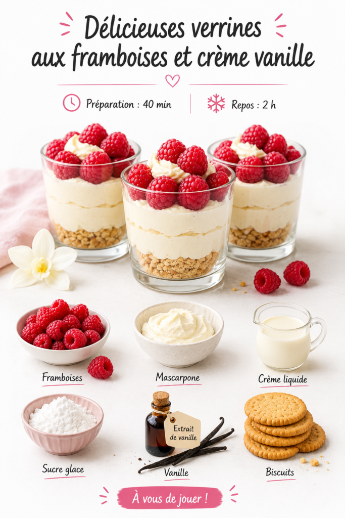Verrines aux framboises et crème vanille, dessert léger et frais