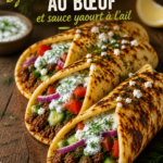 Wraps de boeuf à la grecque avec sauce yaourt à l'ail sur une table