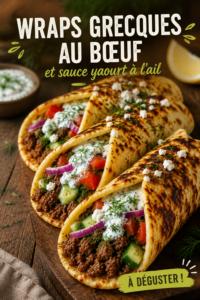 Wraps de boeuf à la grecque avec sauce yaourt à l'ail sur une table