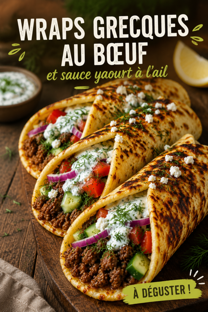 Wraps de boeuf à la grecque avec sauce yaourt à l'ail sur une table