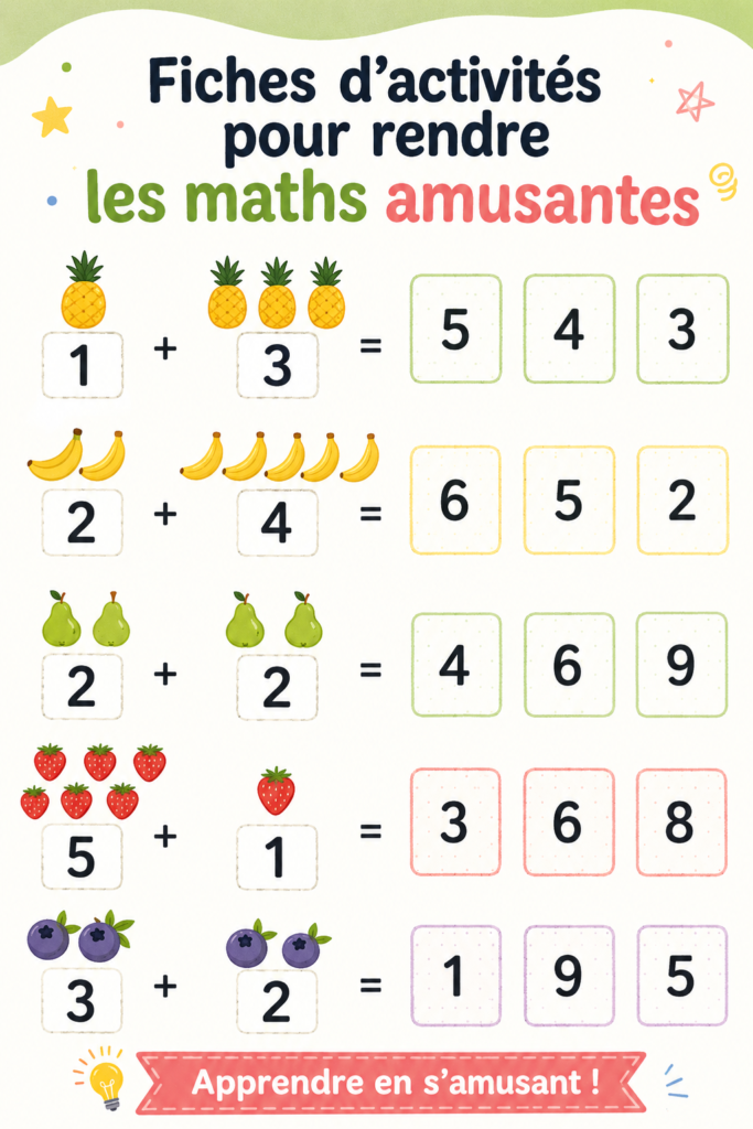 Activités ludiques pour enseigner les maths aux enfants, incluant jeux et arts.