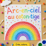 Un arc-en-ciel coloré réalisé avec des coton-tiges disposés en forme de demi-cercle sur une table.