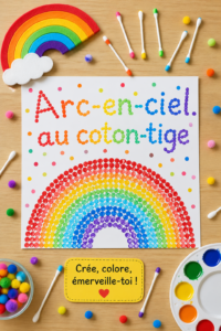 Un arc-en-ciel coloré réalisé avec des coton-tiges disposés en forme de demi-cercle sur une table.
