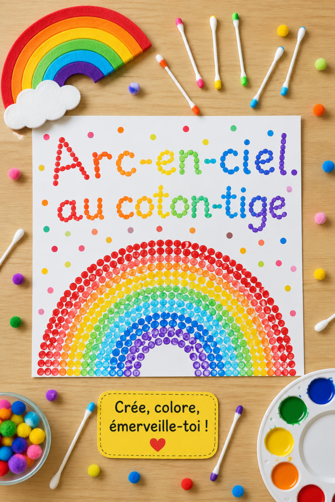 Un arc-en-ciel coloré réalisé avec des coton-tiges disposés en forme de demi-cercle sur une table.