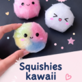 Une sélection de squishies kawaii colorés faits maison sur une table en bois.