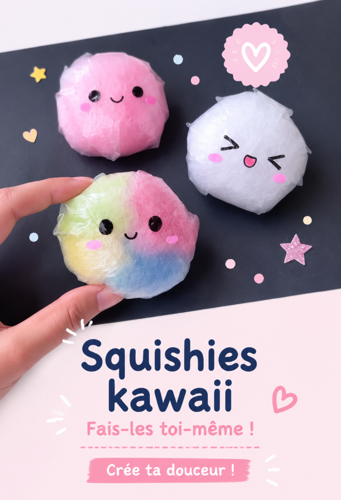 Une sélection de squishies kawaii colorés faits maison sur une table en bois.