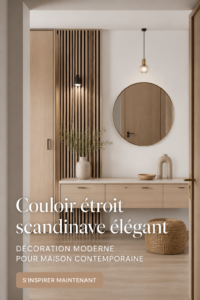 Couloir décoré dans un style scandinave, avec des nuances claires et du bois naturel.