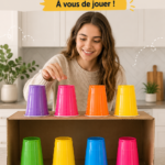 Défi de matching de tasses colorées lors d'une soirée entre amis.