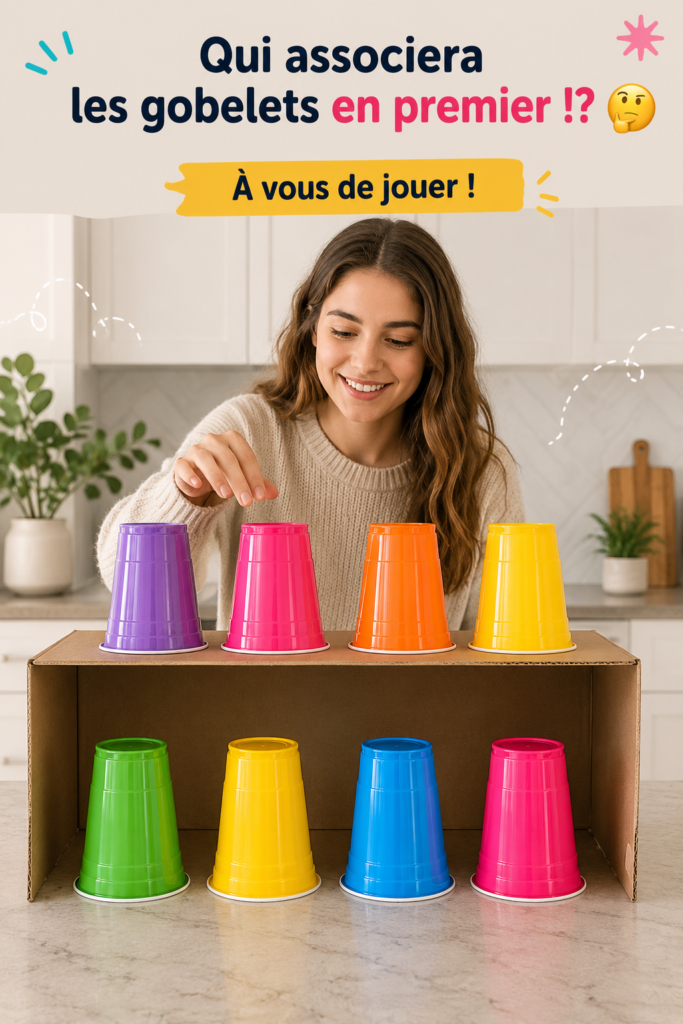Défi de matching de tasses colorées lors d'une soirée entre amis.