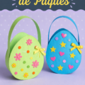 Un panier de Pâques coloré fait main avec des œufs décorés à l'intérieur.