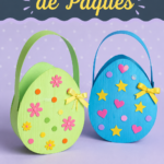 Un panier de Pâques coloré fait main avec des œufs décorés à l'intérieur.