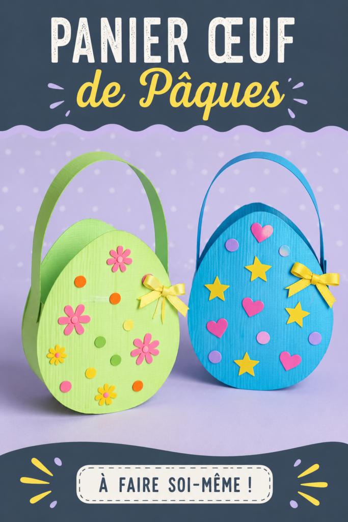 Un panier de Pâques coloré fait main avec des œufs décorés à l'intérieur.