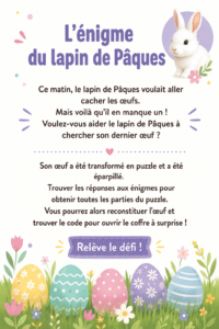 Illustration d'un lapin de Pâques entouré d'œufs colorés, symbole de la fête